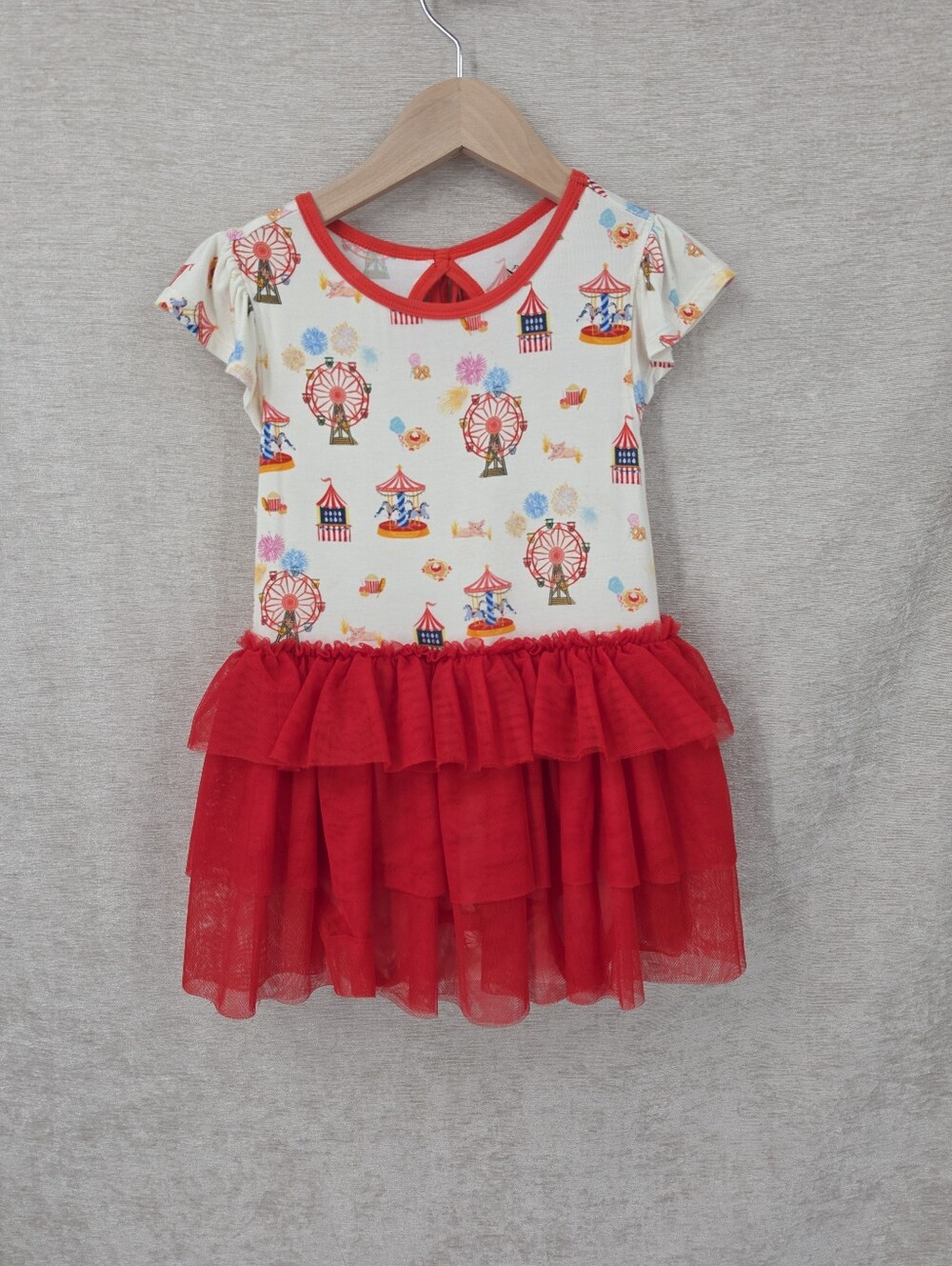 Free Birdees Bamboo Girls Carnival County Fair Print Dress with Red Tulle Skirt